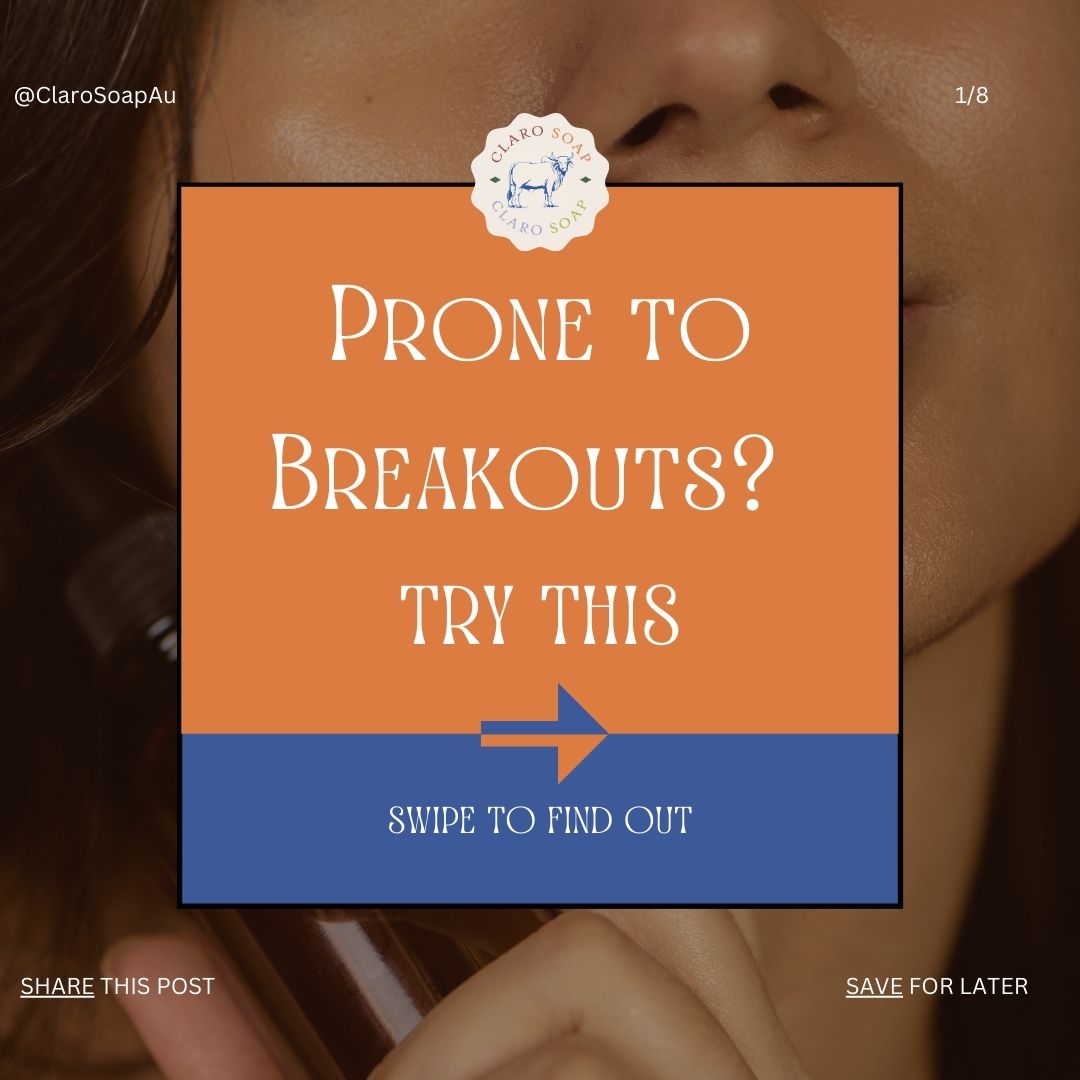 Social media post with the text 'Prone to Breakouts? Try This' in the center, overlaid on a background image of a woman's face holding a skincare bottle.